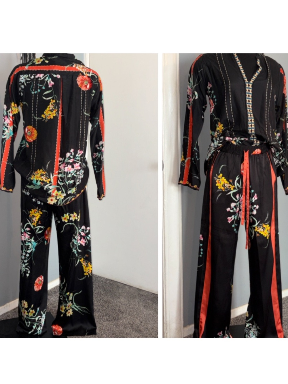Johnny Was  "Eulia" boho-chic bohemian luxury floral embroidery silk SET XS.